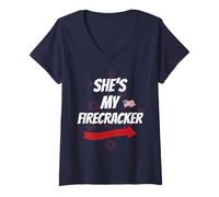 Womens She’s My Firecracker Matching 4th of July Independence Day V-Neck T-Shirt