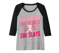 Womens She Shoots Scores Slays Women's Soccer Raglan Baseball Tee