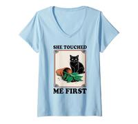 Womens She Touched Me First Cat Plant Kitten Plants Cat Lover V-Neck T-Shirt