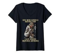 Women's She who Kneels Before God can Stand Before Anyone V-Neck T-Shirt