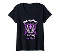 Womens She Wolves Leading The Pack Strong Women Power V-Neck T-Shirt