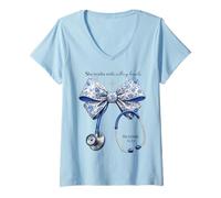 Women's She Works with Willing Hands Nurse Stethoscope V-Neck T-Shirt