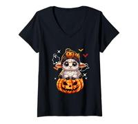 Womens Sheep Wearing Knitted Hat Halloween Carved Pumpkins Farmer V-Neck T-Shirt