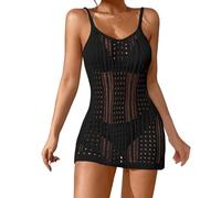 Women's Sheer Crochet Beach Dress - Sexy Hollow-Out Thin Strap Sleeveless Lace-Up Mini Dress, Boho Chic See-Through Knitted Sundress, Breathable Summer Party Bodycon Cover Up Camis Black