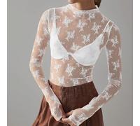 Women's Sheer Lace Mesh Overlay Top Long Sleeve Floral Pattern See-Through Blouse for Layering and Elegant Styling