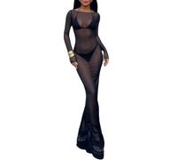 Women's Sheer Maxi Dress, Long Sleeve See Through Mesh Bodycon Dress, Sexy Transparent Off Shoulder Swimsuit Bikini Cover Up, Sexy Black Beach Dresses for Night Going Out Evening Date