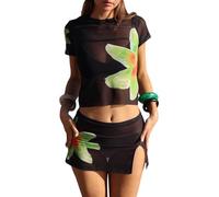 Women's Sheer Mesh 2 Piece Outfit Floral Print Short Sleeve Crop Top & Mini Skirt Set for Beach & Going Out (Black, M)