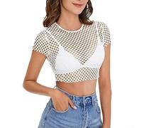 Womens Sheer Mesh Fish Net Crop Top with Short Sleeves See Through T Shirt Blouse for Club Outfits (M White)