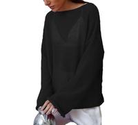 Women's Sheer Mesh Knit Jumpers Lightweight See-Through Oversized Sweater Casual Long Sleeve Hollow Pullover Top(Black,L)