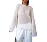 Women's Sheer Mesh Knit Jumpers Lightweight See-Through Oversized Sweater Casual Long Sleeve Hollow Pullover Top(White,L)