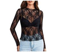 Women's Sheer Mesh Long Sleeve Lace Floral Pattern Stand-Up Collar Transparent Shirt Black Lightweight T-Shirt Clubwear Long Sleeve Top Tight Base Shirt Tops Mesh Blouse, black, M