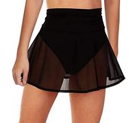 Women's Sheer Mesh Mini Skirts See-Through High Waist Solid Skater Beach Cover-ups Without Briefs High-Waisted Black Skirt with Mesh Panel & Side Slit - Stretchy Summer Skirt