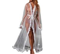 Women's Sheer Mesh Robe See Through Lingerie Feather Trim Kimono Floor Length Dressing Gown Flared Sleeves Bathrobe Bridal Fluffy Sexy Sleepwear (UK, Alpha, One Size, Regular, Regular, White)