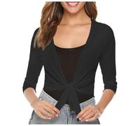 Women's Sheer Mesh Tie-Front Shrug Cardigan, 3/4 Sleeve Lightweight Knit Cropped Shrug, Solid Color Airy Sun Protection Cover Up for Beach, Casual & Bridal