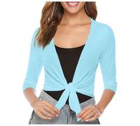 Women's Sheer Mesh Tie-Front Shrug Cardigan, 3/4 Sleeve Lightweight Knit Cropped Shrug, Solid Color Airy Sun Protection Cover Up for Beach, Casual & Bridal