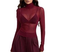 Women's Sheer Mesh Tops Turtle Neck Long Sleeve Shirts Sexy Transparent Sheer Blouses Slim Fit Tee Shirt High Neck Stretch Tight See Through Party Top for Going Out Night Out Clubwear Wine