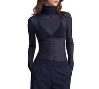 Women's Sheer Mesh Tops Turtle Neck Long Sleeve Shirts Sexy Transparent Sheer Blouses Slim Fit Tee Shirt High Neck Stretch Tight See Through Party Top for Going Out Night Out Clubwear Navy