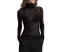 Women's Sheer Mesh Tops Turtle Neck Long Sleeve Shirts Sexy Transparent Sheer Blouses Slim Fit Tee Shirt High Neck Stretch Tight See Through Party Top for Going Out Night Out Clubwear Black