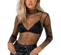 Women's Sheer See Through Long Sleeve Mesh Blouse Tops Pearl Rhinestone Glitter Sequin T Shirt Sparkle Clubwear, Black, Large
