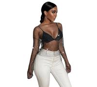 Women's Sheer See Through Long Sleeve Mesh Blouse Tops Pearl Rhinestone Glitter Sequin Tee Shirt Sparkle Clubwear, Black, M