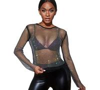 Women's Sheer See Through Long Sleeve Mesh Blouse Tops Rhinestone Glitter Fishnet T Shirt Sparkle Clubwear, Black, Large