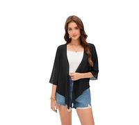 Womens Sheer Shrug Tie Front 3/4 Bell Sleeve Crop Cardigan for Dress Lightweight Summer Chiffon Cover Up, Black, S