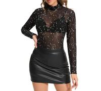 Women's Sheer Tops Long Sleeve Lace Mesh Top See Through Blouse Tee Shirt, Black Silver Glitter, M