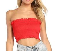 Women's Sheering Smocked Strapless Bandeau Crop Top Shirred Off Shoulder Flared Boob Tube Bra Style Chirred Summer Fit & Ruffle Design (UK, Numeric, 16, 24, Plus, Regular, Red)