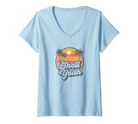 Women's Shell Yeah Funny Retro Beach Sunset Pun 70s Vintage Graphic V-Neck T-Shirt
