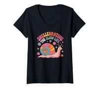 Womens Shellebrating The Slow Life Rainbow Snail Floral V-Neck T-Shirt