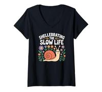 Womens Shellebrating The Slow Life Snail Garden Flowers V-Neck T-Shirt