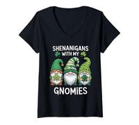 Women's Shenanigans with My Gnomies Green Gnome Shamrock Irish V-Neck T-Shirt