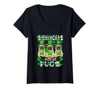 Women's Shenanigans with Pugs Patrick's Day Three Cute Dogs V-Neck T-Shirt
