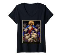 Women's Shepherd and Protector Jesus Defends Sheep from Wolves Art V-Neck T-Shirt