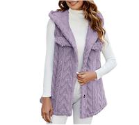 Womens Sherpa Fleece Jacket Fuzzy Sleeveless Hooded Gilets Winter Thicken Mid-Length Vest Button Down Fleece Lined Waistcoat Vintage Jacquard Waistcoat Cardigans Outwear
