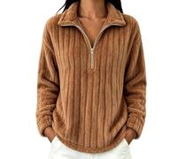 Women's Sherpa Fleece Pullover Half Zip Plush Teddy-Fleece Sweatshirt Casual Fuzzy 1/4 Zipper Long Sleeve Stand Collar Cozy Jumper Soft Striped Textured Fall and Winter Thermal Outwear