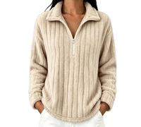 Women's Sherpa Fleece Pullover Half Zip Plush Teddy-Fleece Sweatshirt Casual Fuzzy 1/4 Zipper Long Sleeve Stand Collar Cozy Jumper Soft Striped Textured Fall and Winter Thermal Outwear