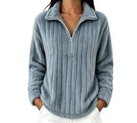 Women's Sherpa Fleece Pullover Half Zip Plush Teddy-Fleece Sweatshirt Casual Fuzzy 1/4 Zipper Long Sleeve Stand Collar Cozy Jumper Soft Striped Textured Fall and Winter Thermal Outwear