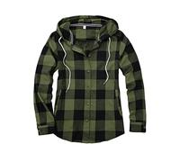 Women's Sherpa Lined Plaid Flannel Jacket Button Down Hooded Flannel Shirt Jacket with Hand Pockets(All Sherpa Lining), Unlined Double Brushed Checkered Army Green, X-Large