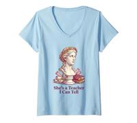 Women's She's a Teacher I Can Tell Funny Classical Statue Educator V-Neck T-Shirt