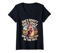 Women's She's Beauty Farm Animal Rooster Chickens Farmer Chicken V-Neck T-Shirt