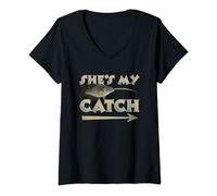 Womens She's My Catch His And Hers Fishing Matching Couples Anglers V-Neck T-Shirt