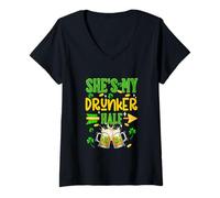 Women's She's My Drunker Half Patrick's Day Couple Drinking Beer V-Neck T-Shirt