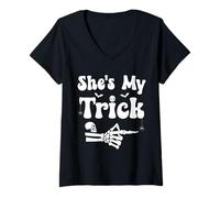 Womens She's My Trick Matching Halloween Couples She's My Trick V-Neck T-Shirt