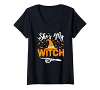 Womens She's My Witch Halloween Witch V-Neck T-Shirt