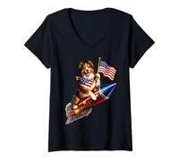 Women's Shetland Sheepdog Fourth of July 4th American Flag Fireworks V-Neck T-Shirt