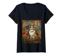 Women's Shetland Sheepdog Sheltie Botanical Garden Art V-Neck T-Shirt