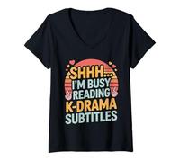 Womens Shhh I'm Busy Reading K Drama Subtitles V-Neck T-Shirt