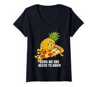 Women's Shhh No One Needs to Know Fun Pineapple and Pizza Art V-Neck T-Shirt