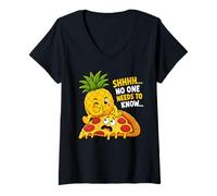 Women's Shhh No One Needs to Know Funny Pineapple and Pizza V-Neck T-Shirt